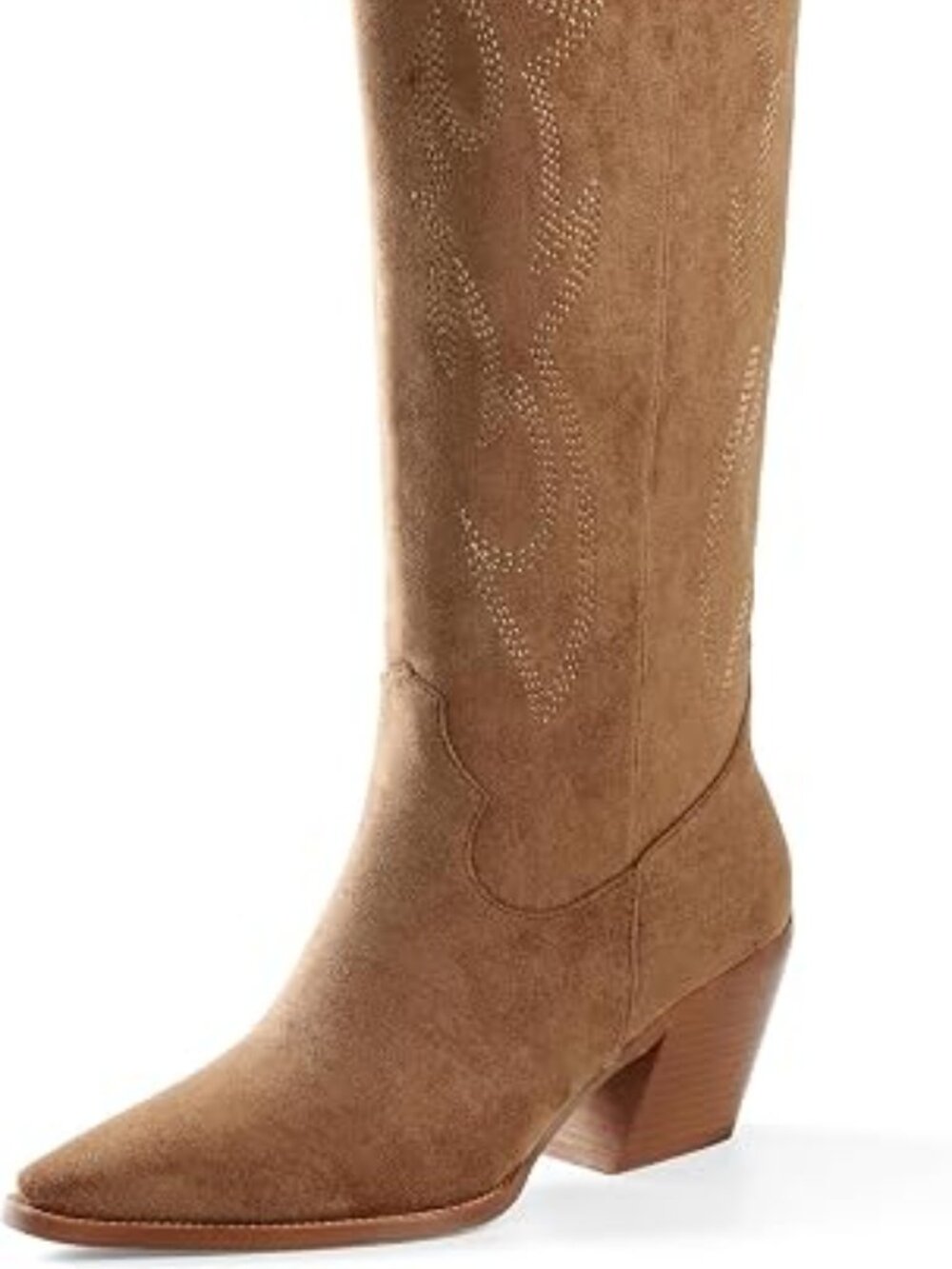 Women's Brown Embroidered Pointed Toe Block Heel Suede Knee High Cowgirl Boots